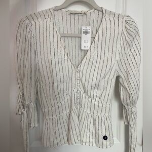 Abercrombie & Fitch polka dot tie sleeve peasant short sleeve blouse white